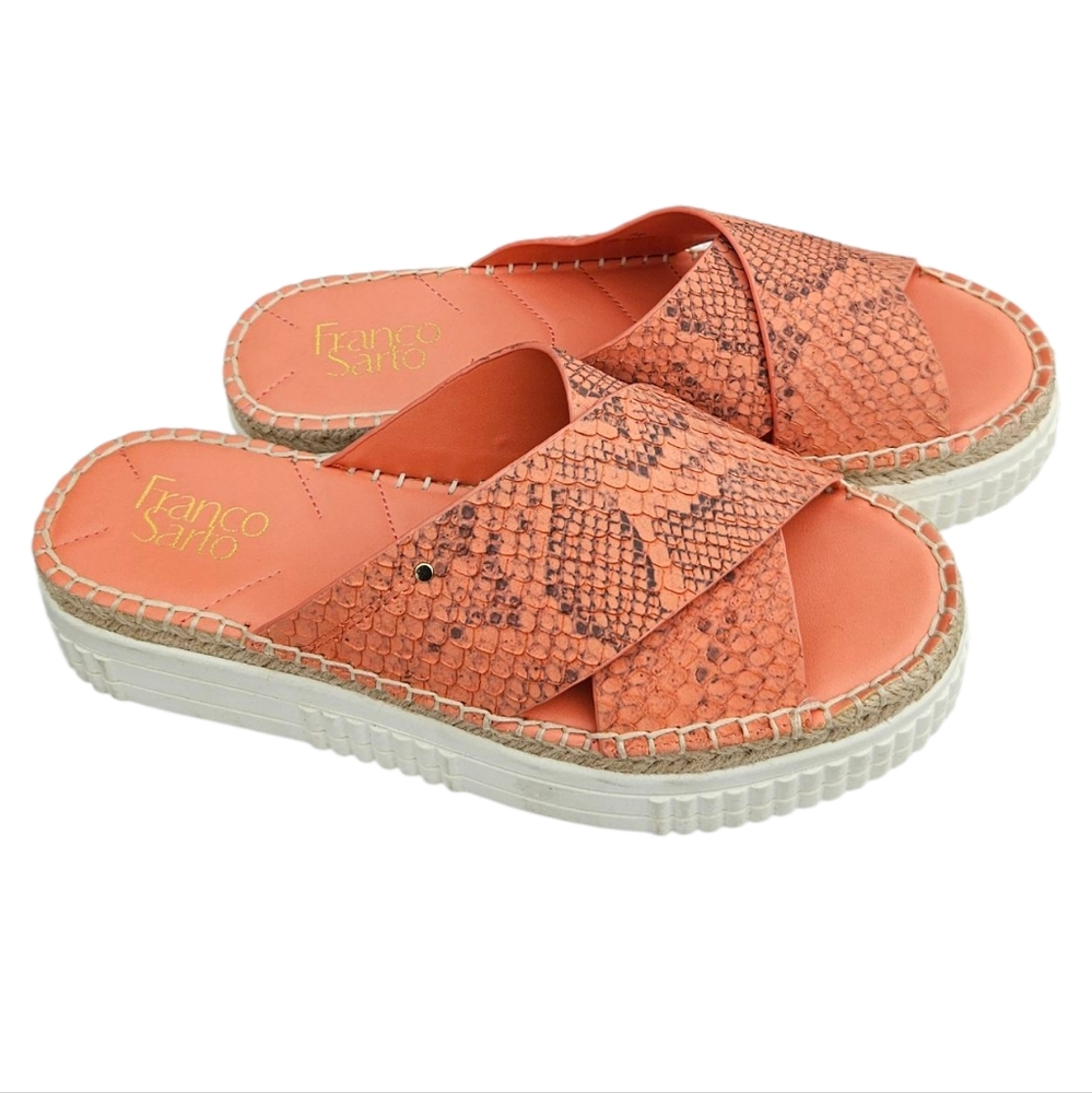 Franco Sarto Birch Snake Embossed Coral Leather Platform Slide Sandals